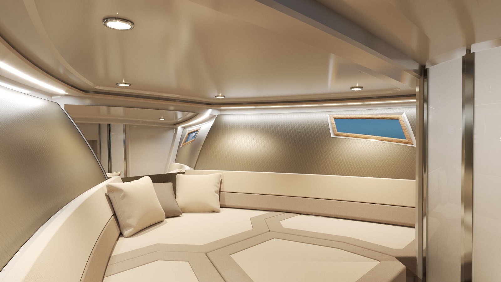 Udobna kabina, z oblazinjenimi sedeži in oknom, na motornem čolnu