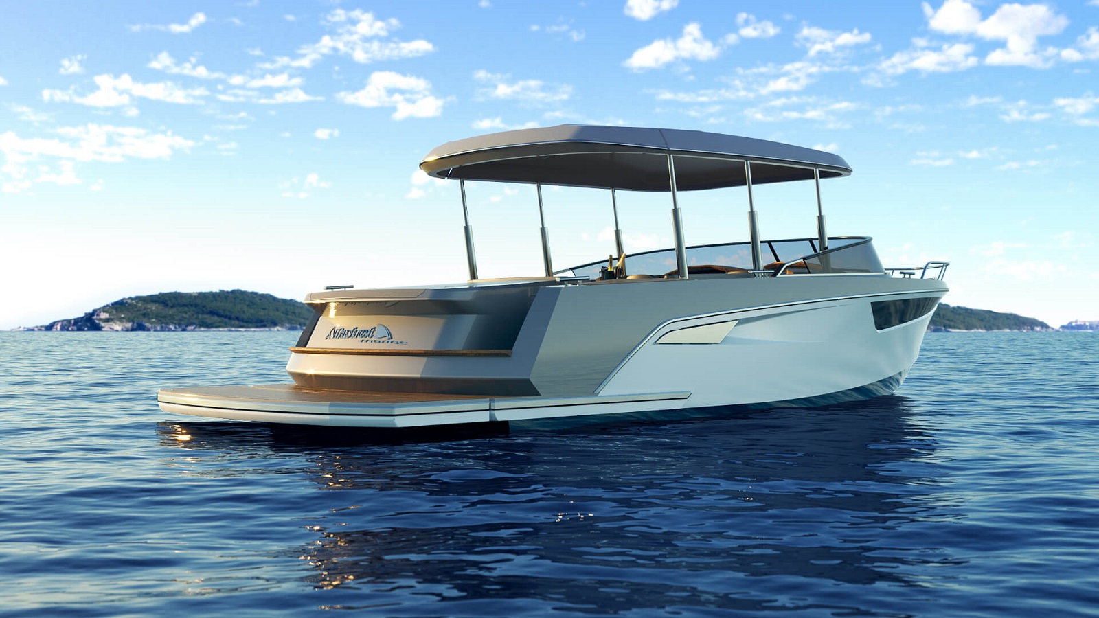 Motorni čoln, z odprto palubo in streho, na morju zraven obale