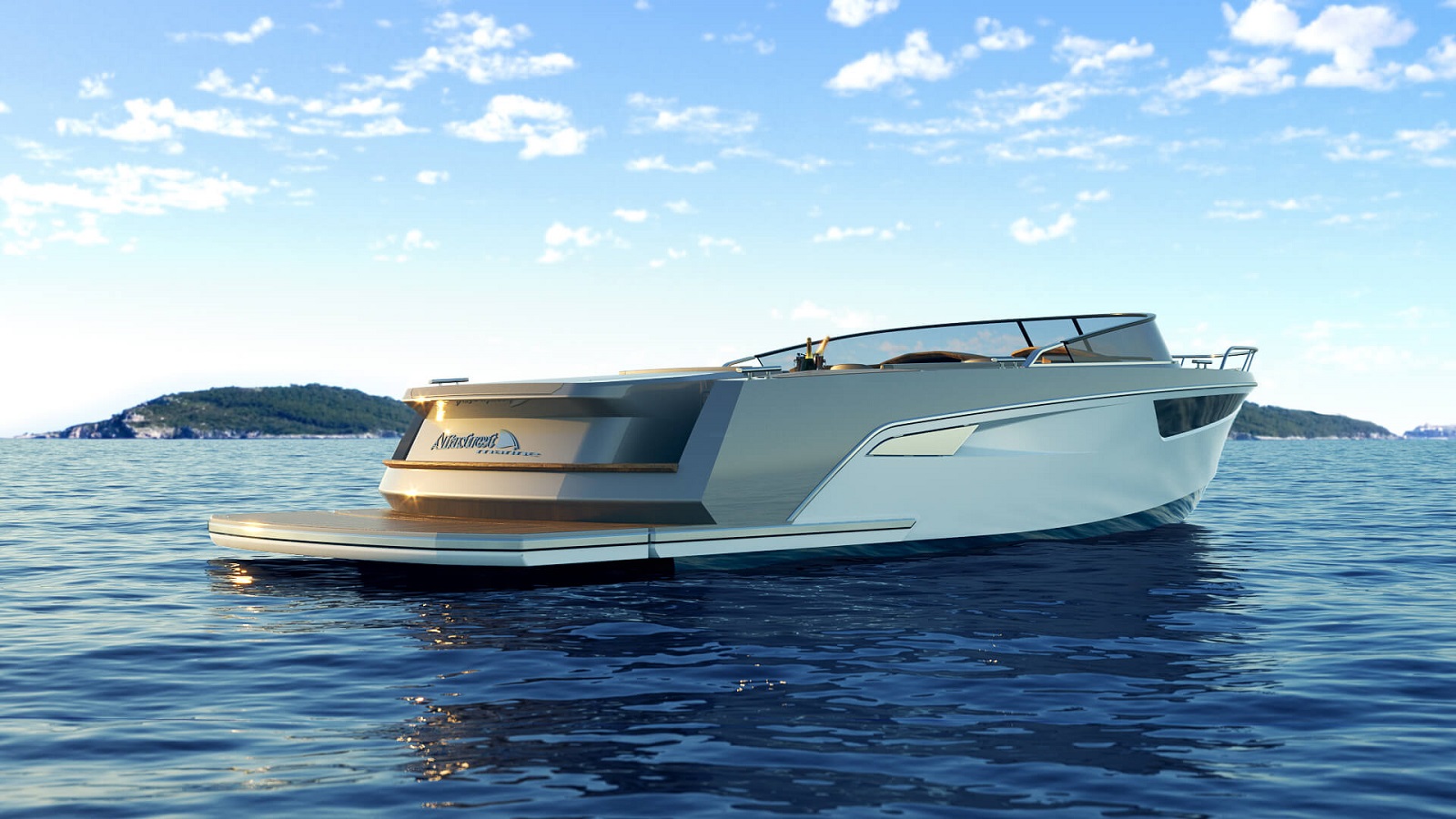 Zadnji-stranski pogled na motorni čoln, ki pluje v bližini otoka, z odprto palubo in leseno plavalno ploščadjo