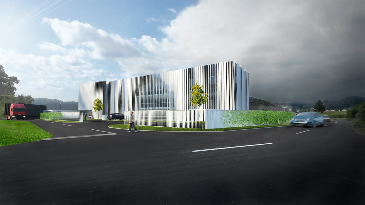 Arhitekturna 3D vizualizacija dekorativne fasade poslovne stavbe Uprom z zelenimi površinami