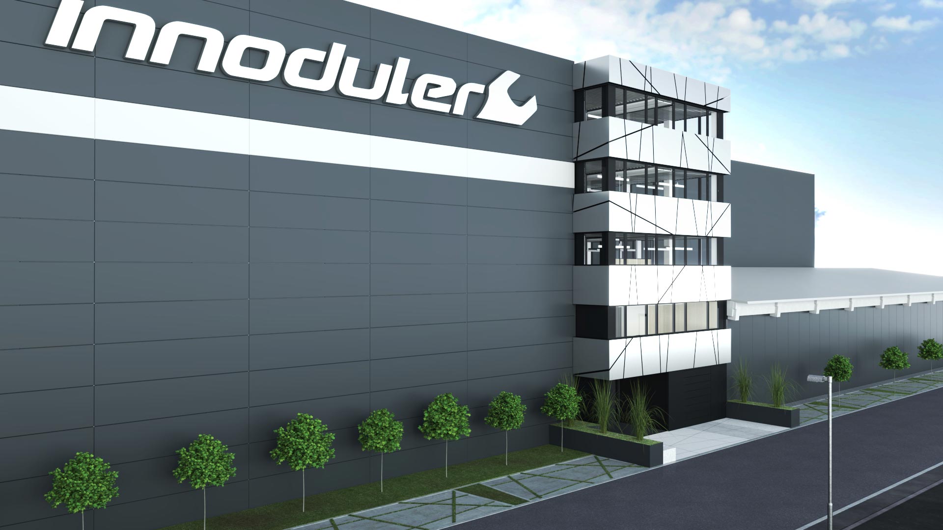 Architectural 3D visualization of the Duler office building with a modern facade and green areas