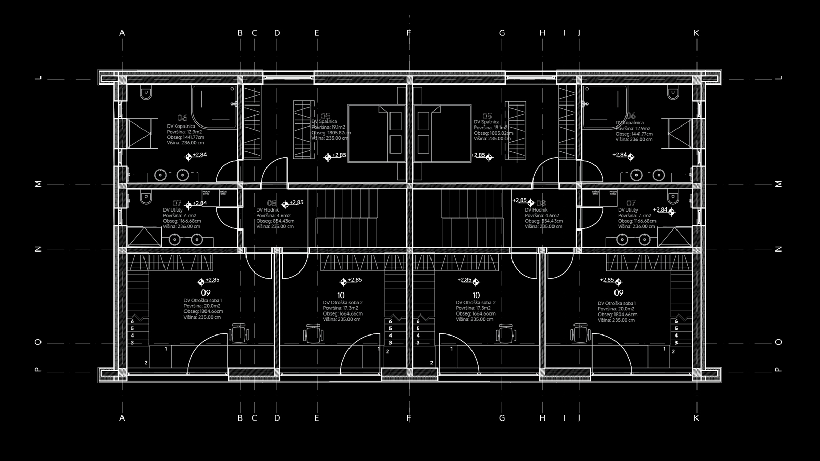 Načrt drugega nadstropja dvojčka, zasnovan v arhitekturnem biroju