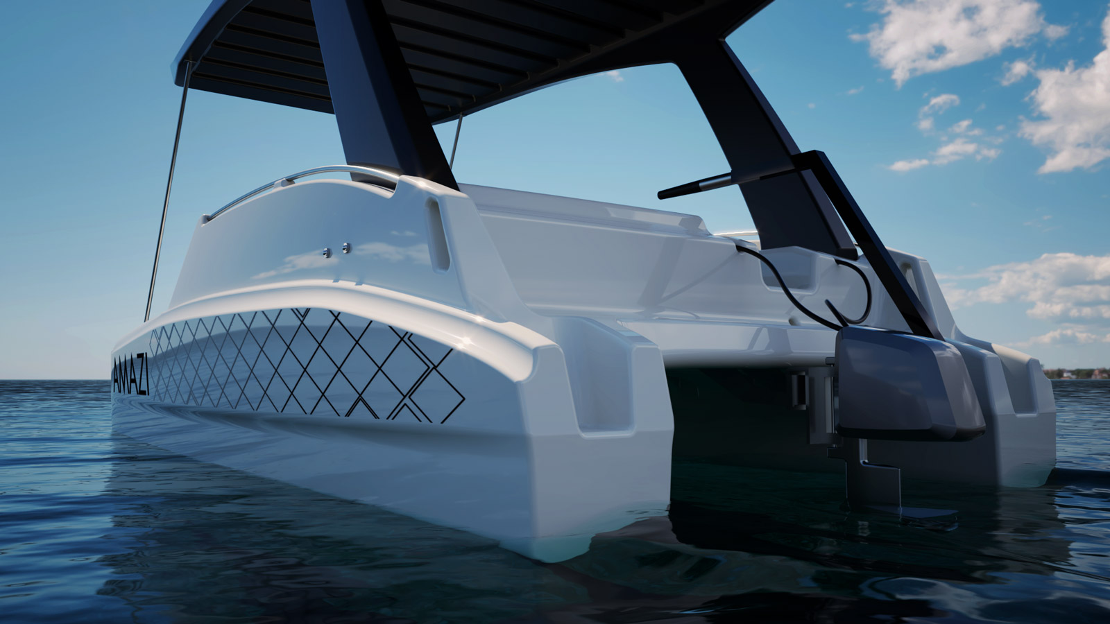 Close-up of a catamaran design showing the electric motor and detailed hull pattern