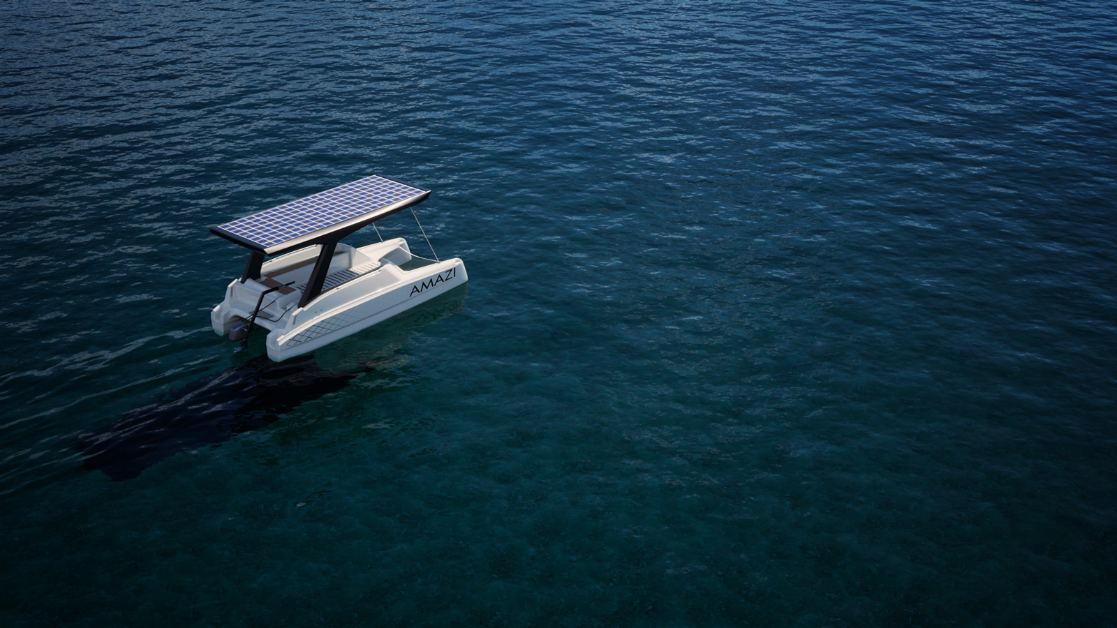 Solar-powered catamaran cruising over clear water with visible motor shadow and rooftop solar panels