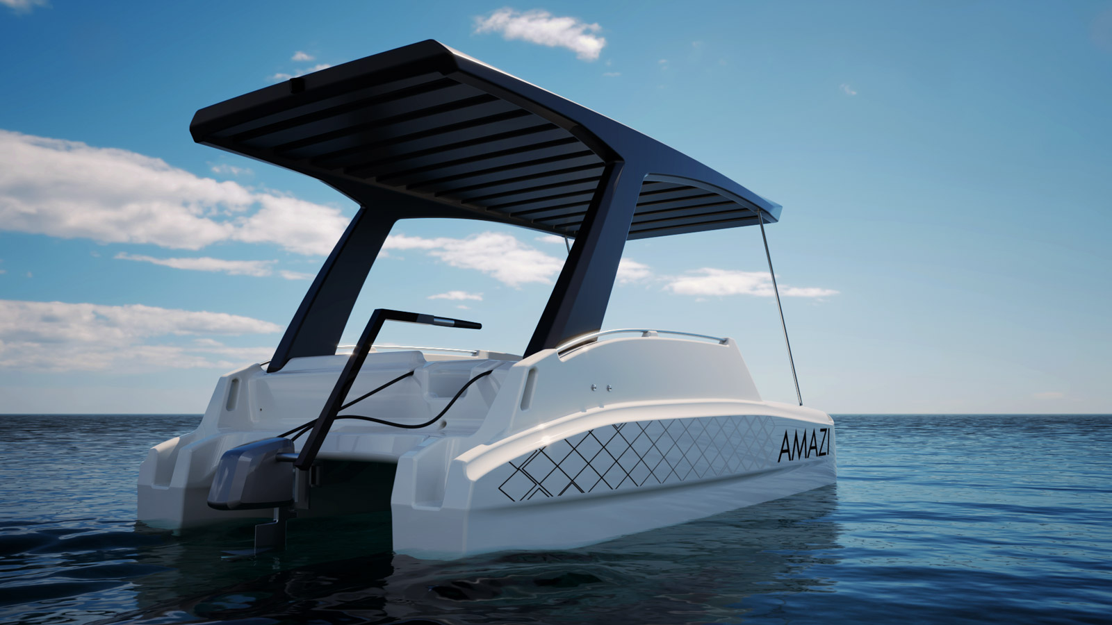 Rear view of a catamaran design showing the electric motor and geometric hull design on calm water