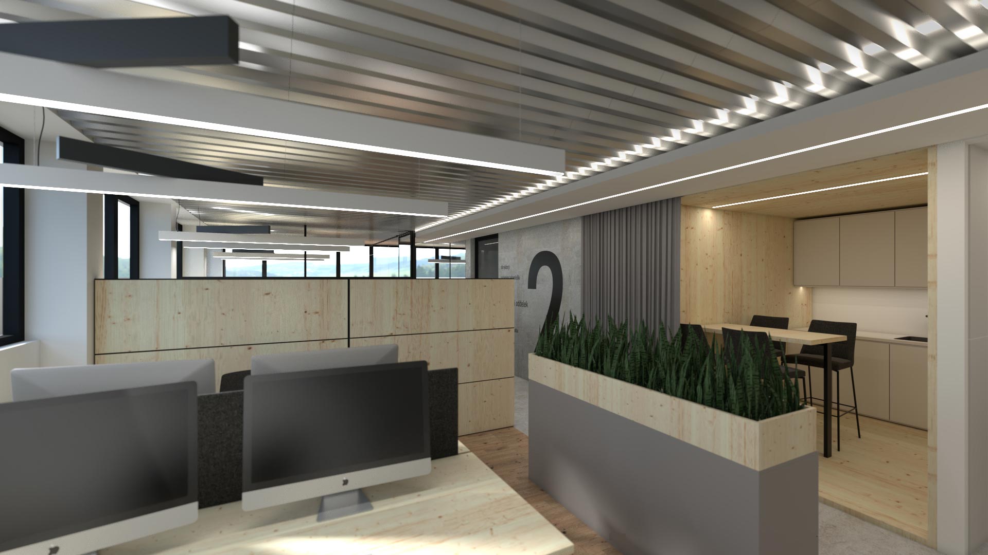 3D vizualizacija drugega nadstropja poslovnih prostorov Duler, z lesenimi elementi, kuhinjo in rastlinami
