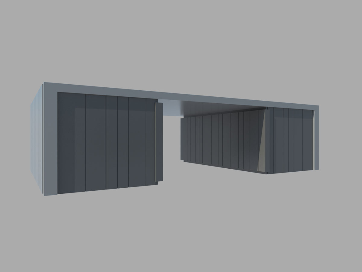 3D vizualizacija sive dvojne garaže z nadstreškom in prehodom