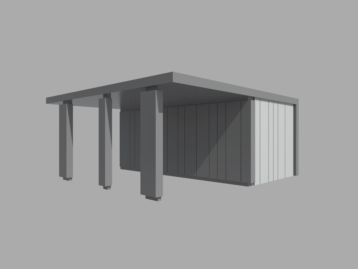 3D vizualizacija sive garaže s tremi stebri in nadstreškom