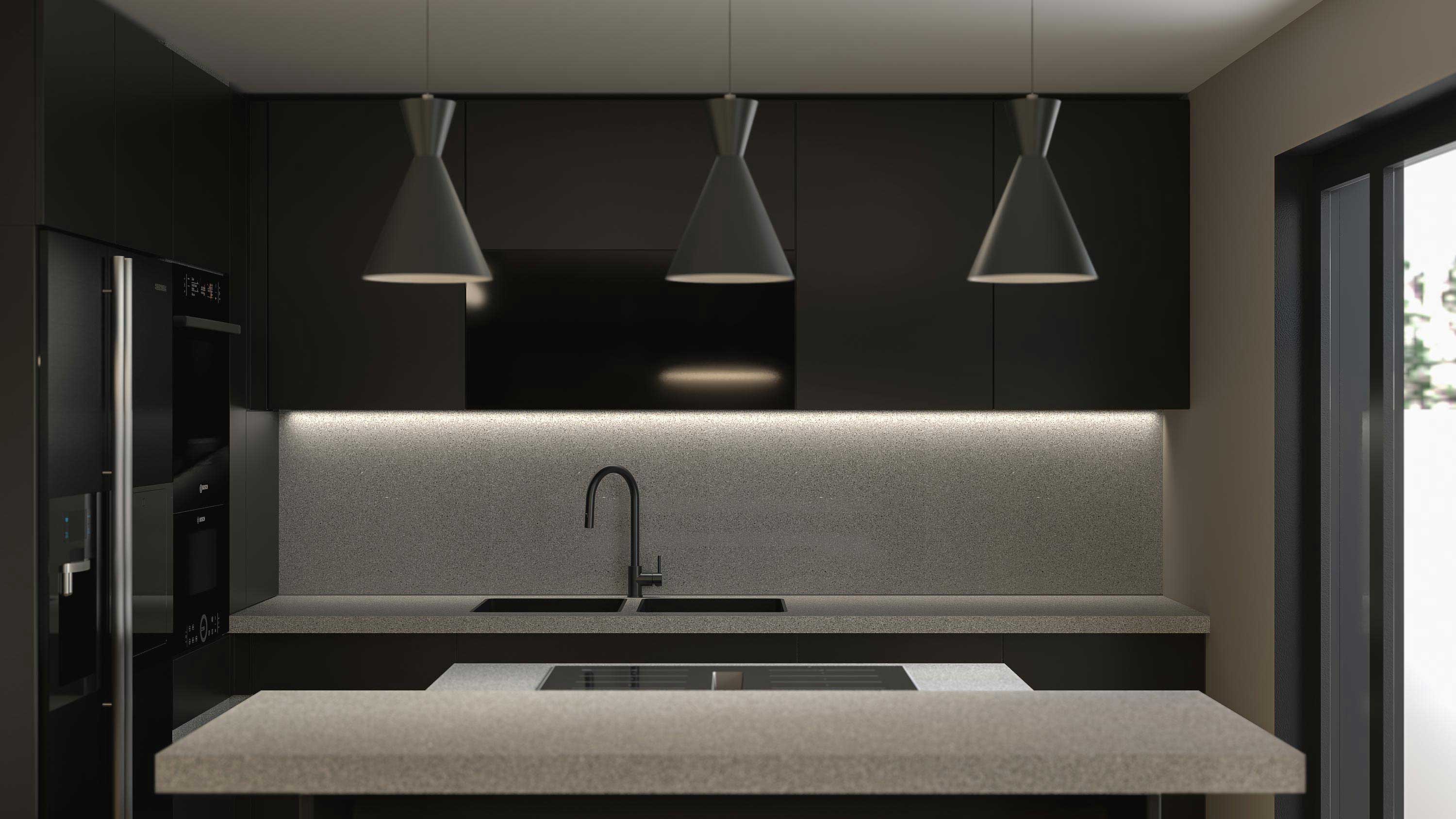 3D vizualizacija moderne, črne kuhinje s kuhinjskim otokom in pultom, primer notranjega oblikovanja prostorov