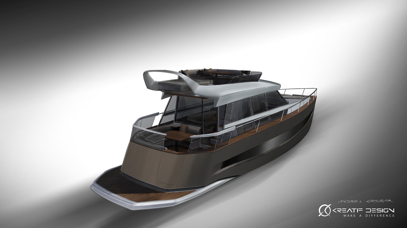 Konceptna skica, ki prikazuje zadnjo stran hibridne jahte