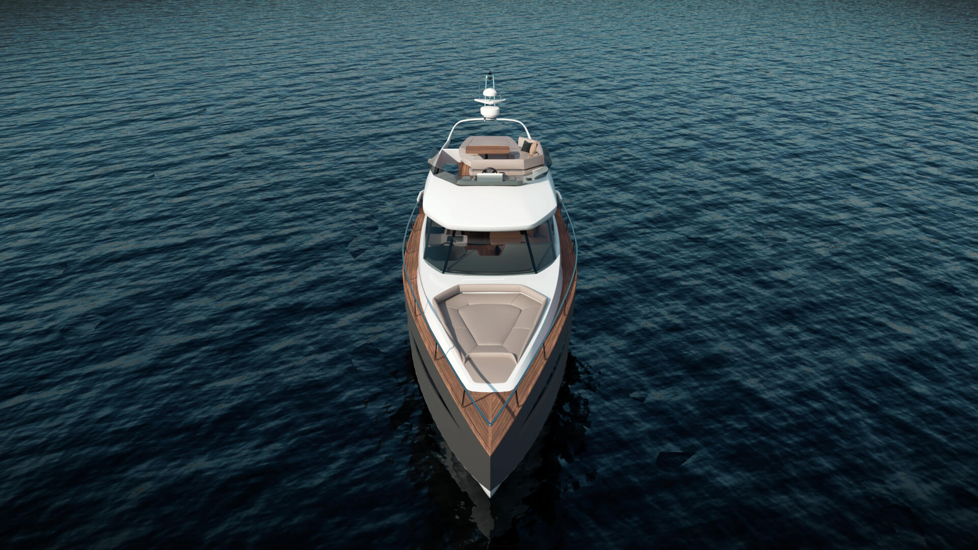 Sprednji pogled na belo-rjavo hibirdno jahto, na morju, z ležiščem za sončenje