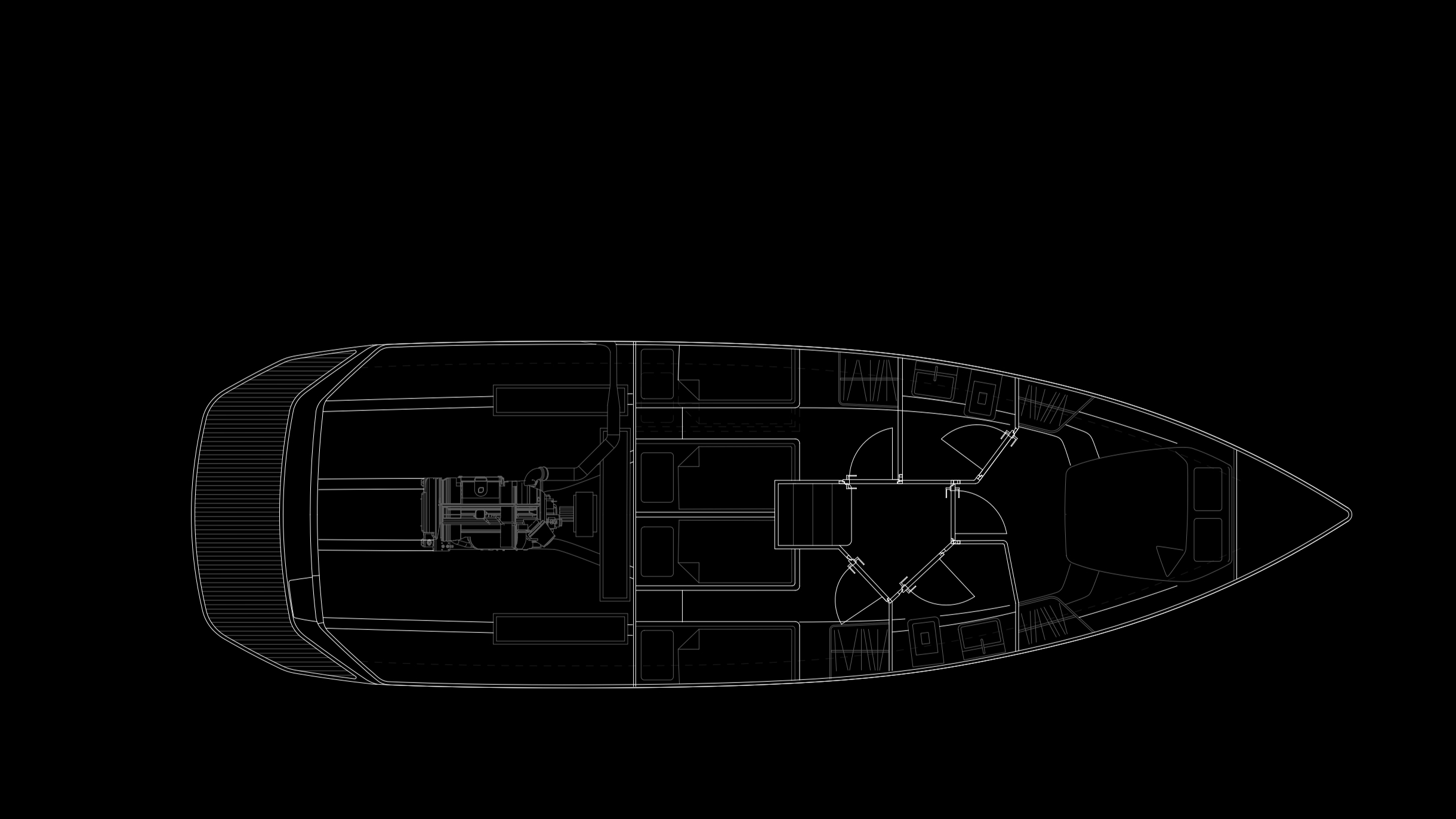 Načrt spodnje palube hibridne jahte z motornim prostorom in spalnimi kabinami
