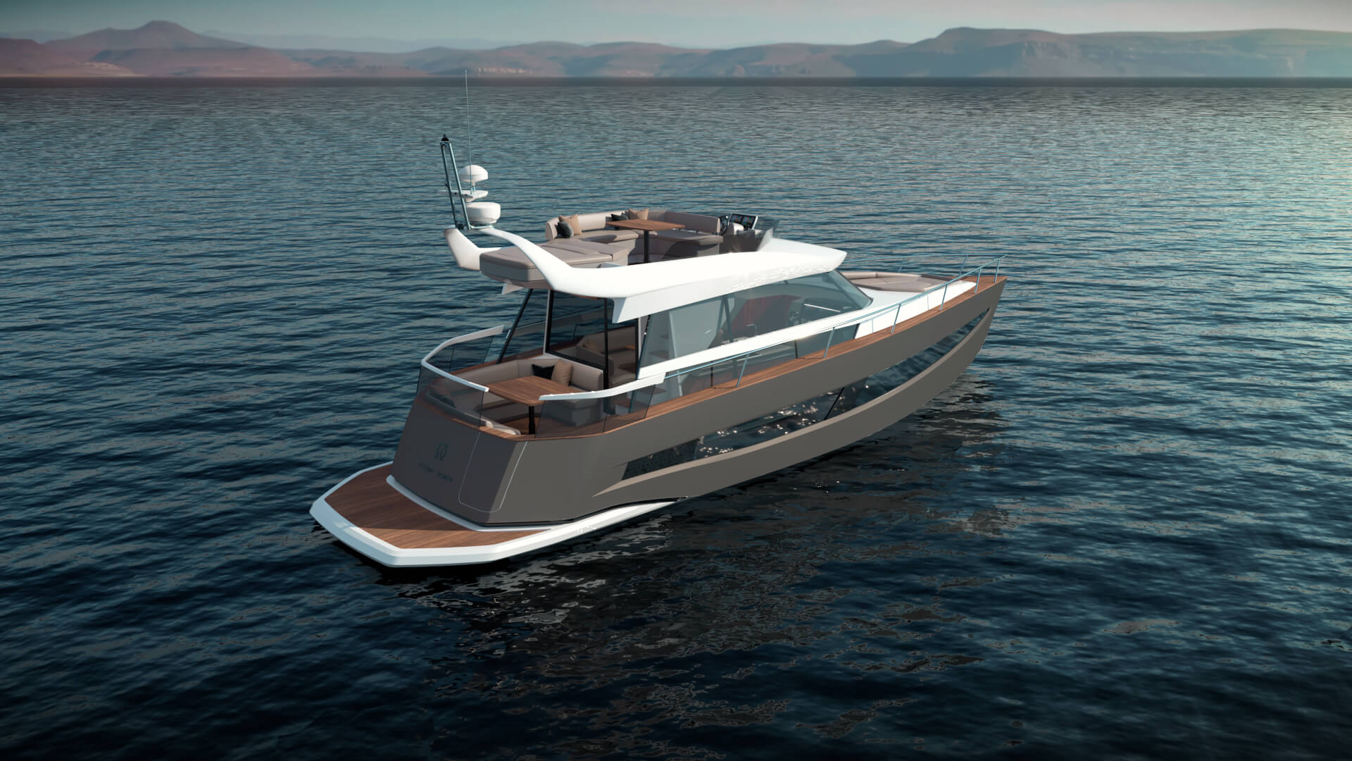 Angled rear view of a hybrid yacht with panoramic windows and an upper deck, floating on tranquil waters