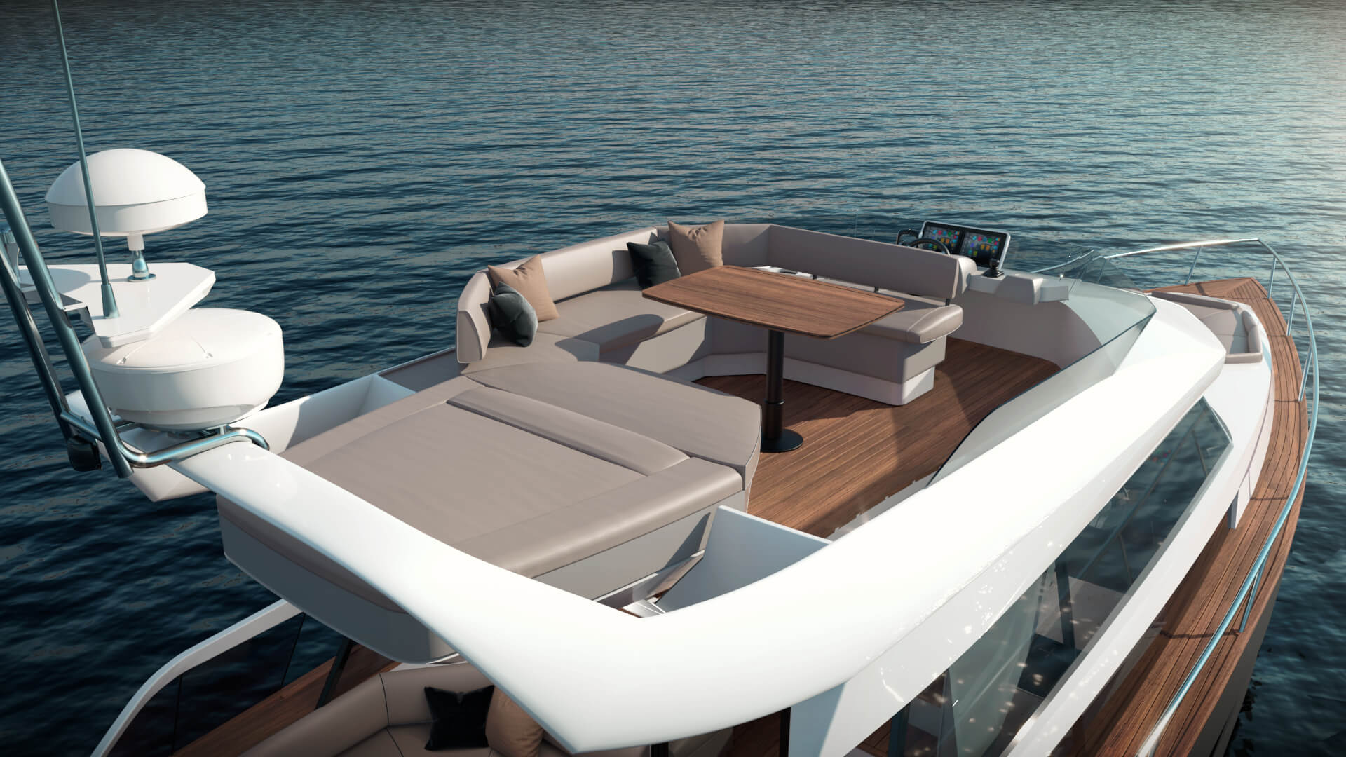 Zgornja paluba hibridne jahte z oblazinjenim salonom in jedilno mizo