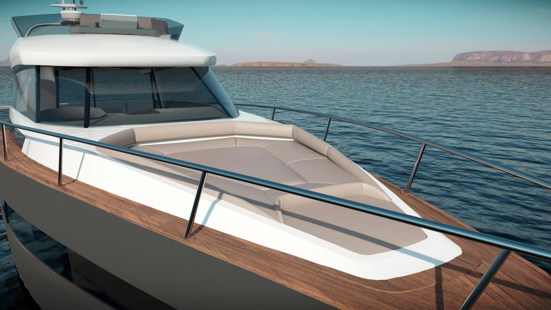 Sodobna hibridna jahta z ležiščem za sončenje, ki pluje po morju