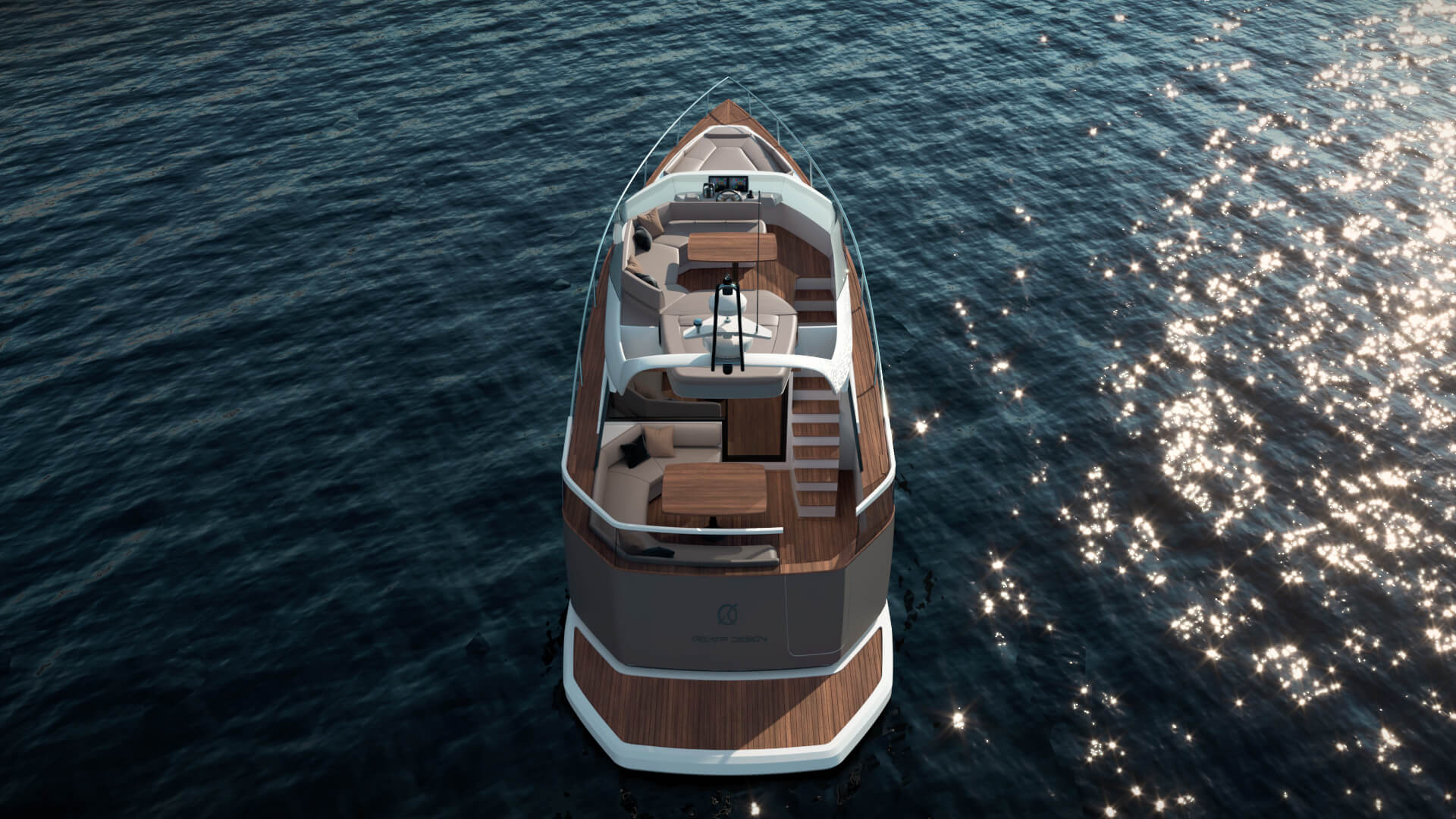 Zgornji pogled na zadnji del hibridne jahte z vidno palubo, na kateri so sedežne garniture in mize