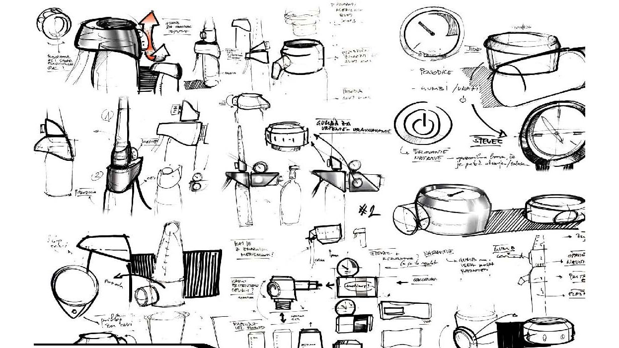 Skica serije medicinskih aparatov Medicop, del začetne faze industrijskega oblikovanja