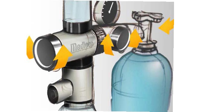 Barvna skica Medicop naprave, s prikazanimi smermi obračanja ventilov, del zasnove industrijskega oblikovanja