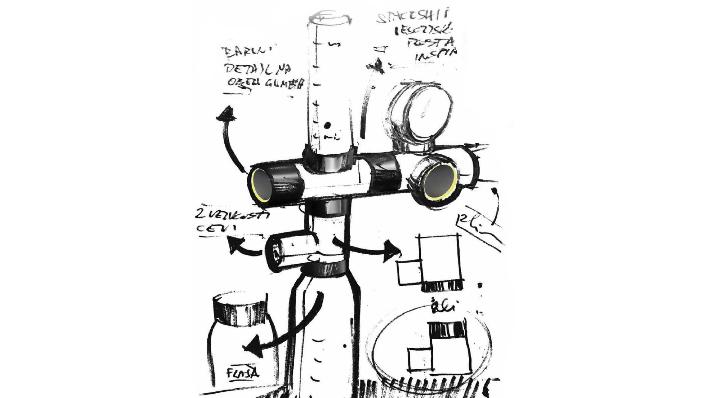 Skica Medicop naprave za terapijo s kisikom, z označenimi posameznimi deli