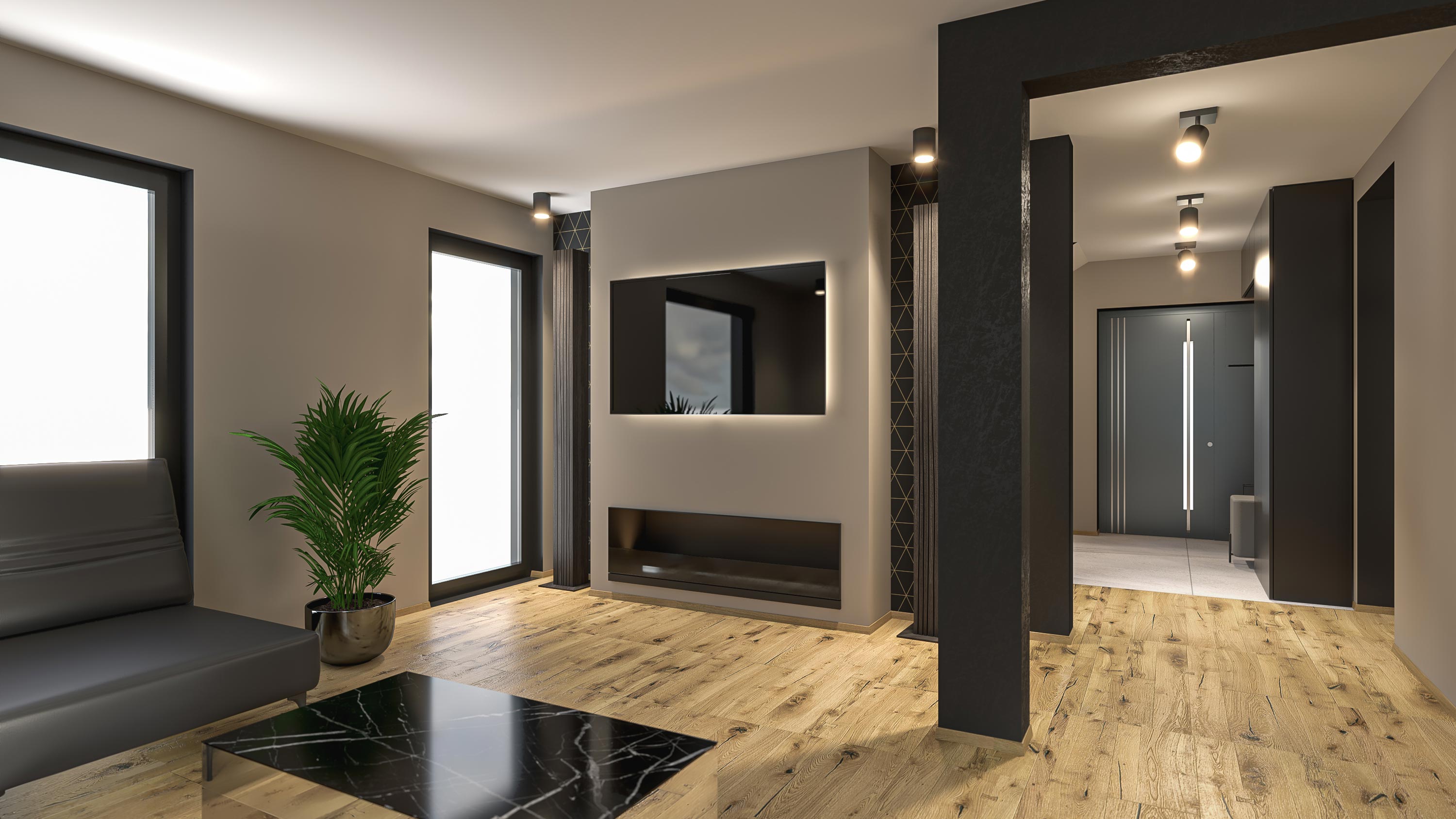 Notranje oblikovanje dnevne sobe s črnimi detajli, rastlinami in televizijo