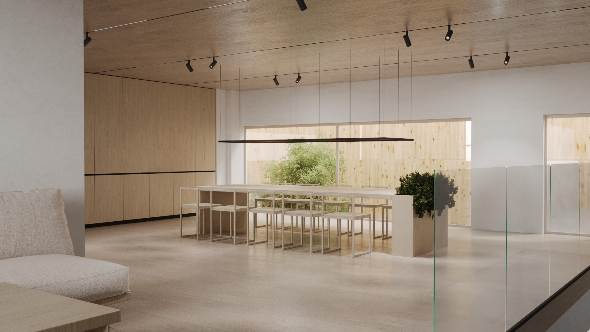 Sodobni leseni poslovni prostori z minimalistično jedilnico in prostorom za druženje