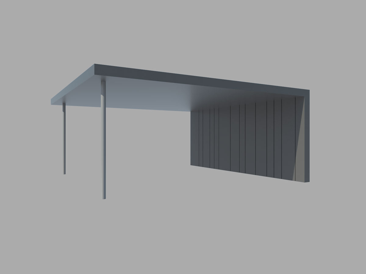 Podolgovat nadstrešek s ploščato streho in kovinskimi stebri