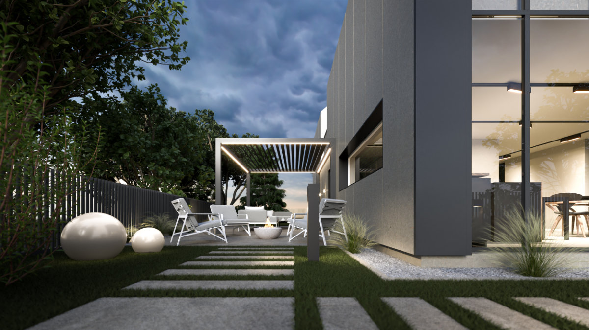 Contemporary designed terrace with chairs, a table and a modern canopy