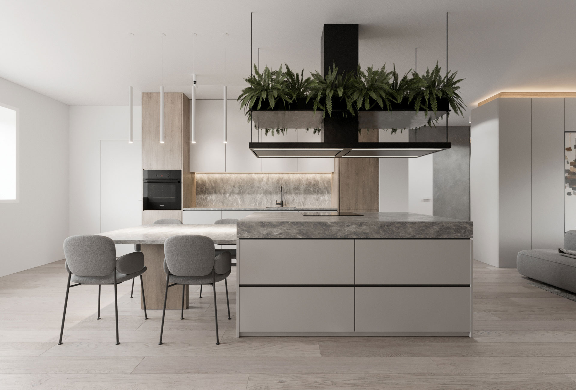 Moderna jedilnica in kuhinja z marmornim kuhinjskim otokom v v sodobnem interierju okrašenem z rastlinami