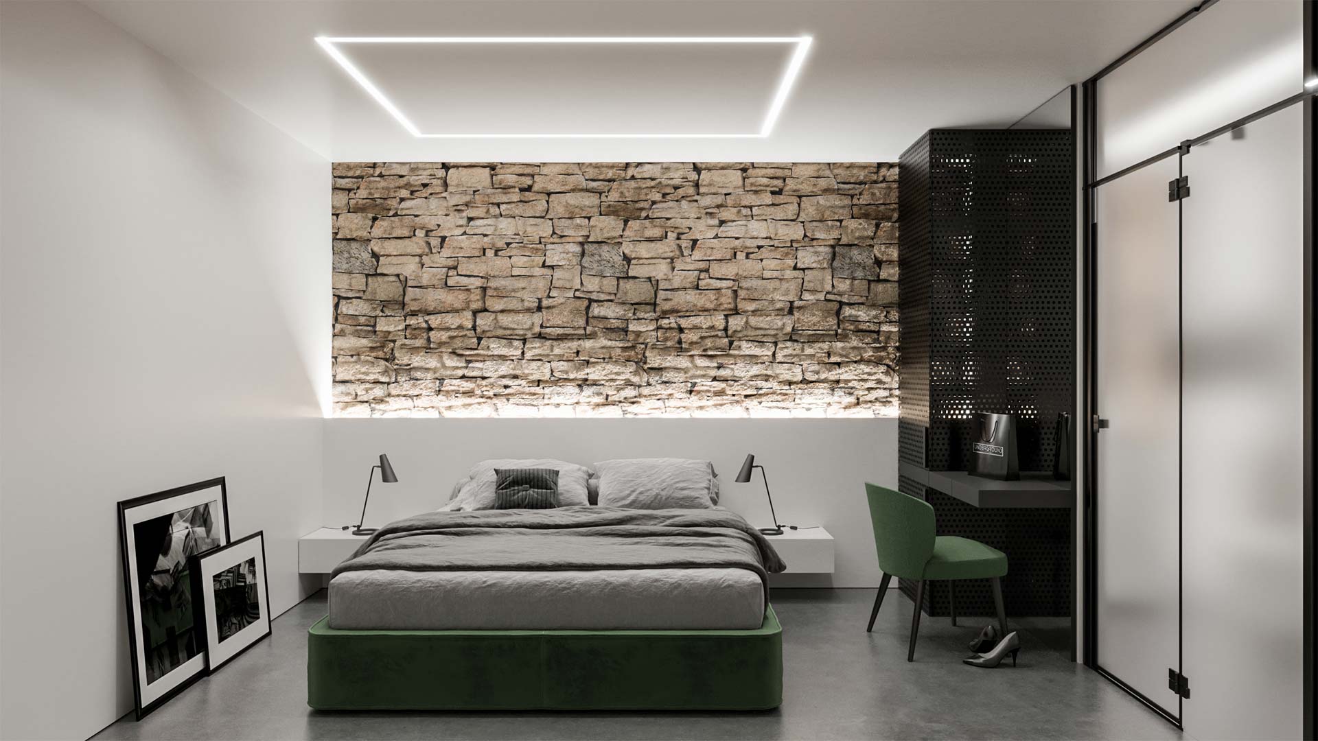 3D visualization of a bright and modern bedroom with a stone wall and a desk, in an underground hotel
