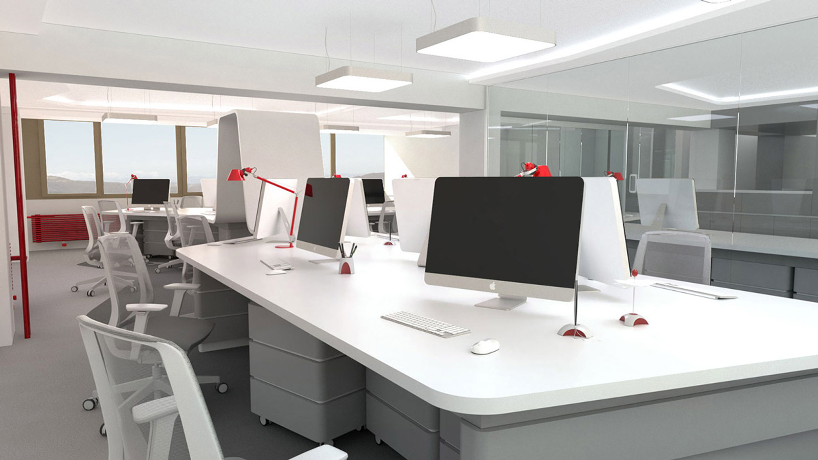 3D vizualizacija svetlih poslovnih prostorov podjetja Livar, z računalniki in svetili