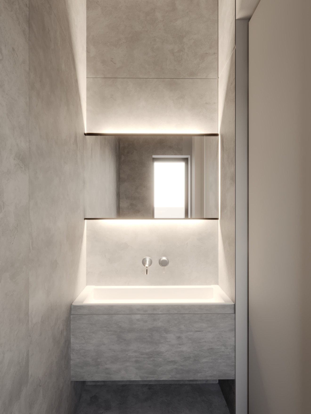 Svetla kopalnica z umivalnikom in ogledalom, primer notranjega oblikovanja prostorov