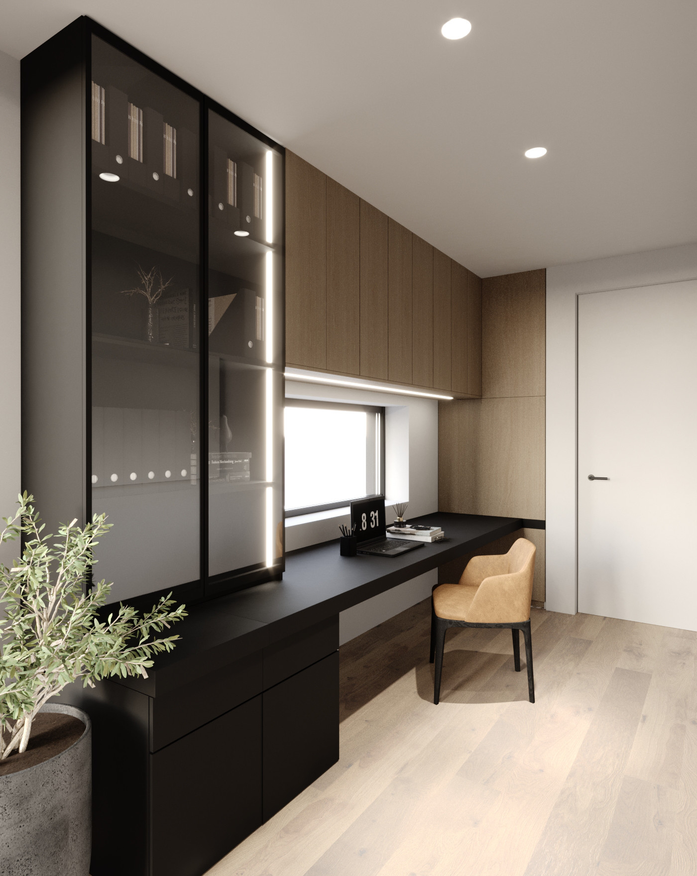 Notranji dizajn minimalistične pisarne s pisalno mizo in omarami