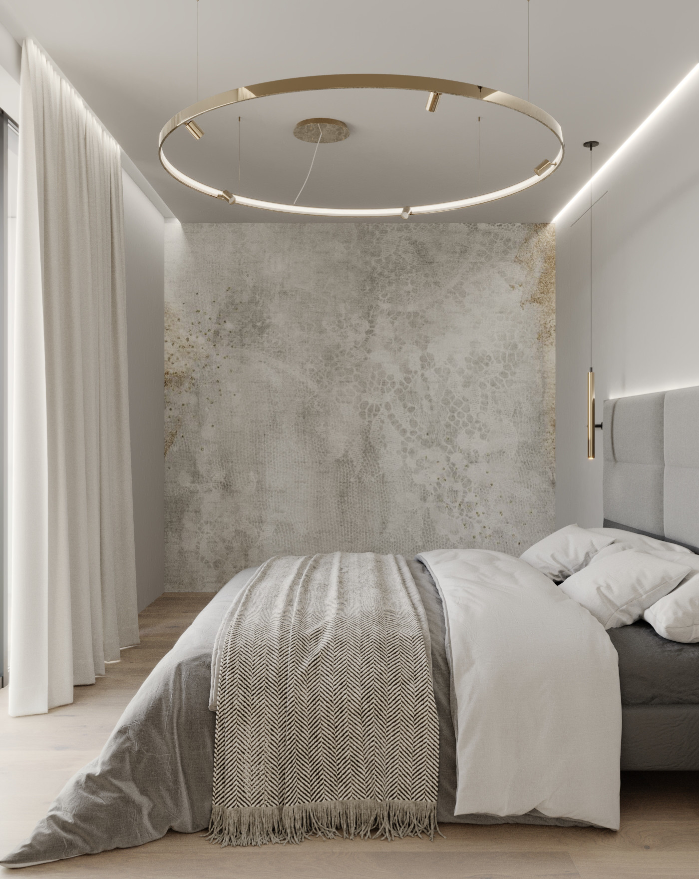 3D vizualizacija sodobne spalnice z dekorativno steno in svetlimi barvami