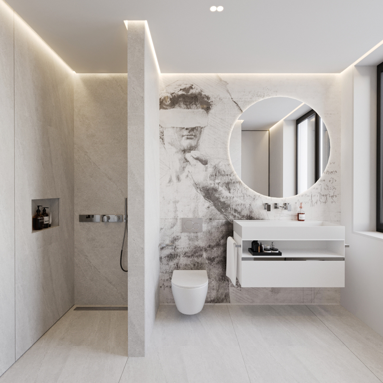 Moderna kopalnica za goste v svetli barvi, s stensko poslikavo, tušem, umivalnikom in straniščem