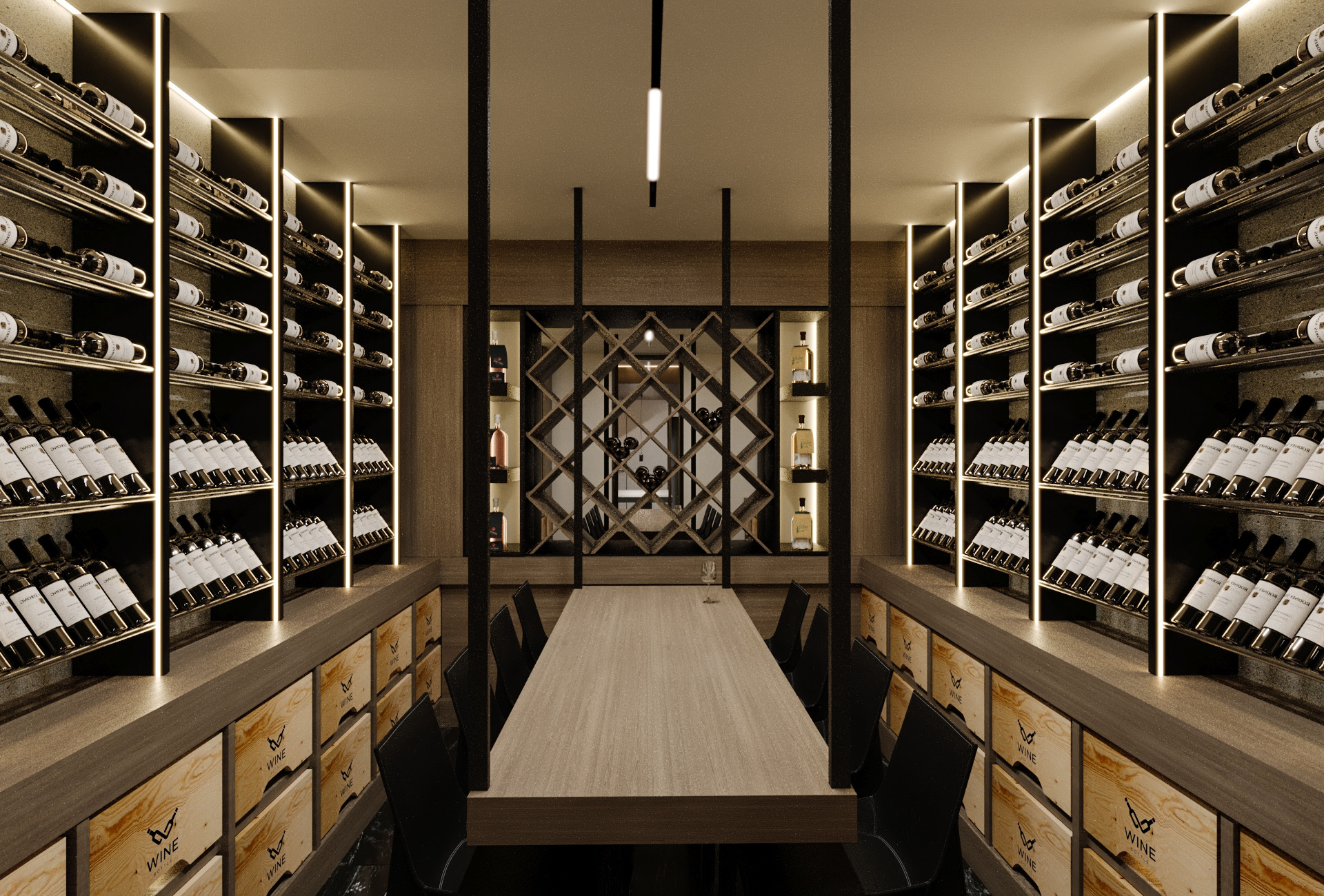 Luksuzna vinska klet z lesenimi policami in mizo za degustacije