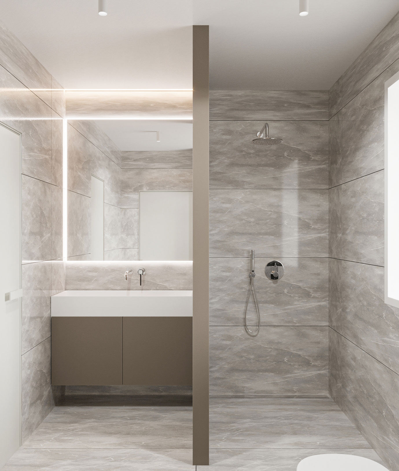 Minimalistična kopalnica s sivimi ploščicami, tušem in elegantnim umivalnikom