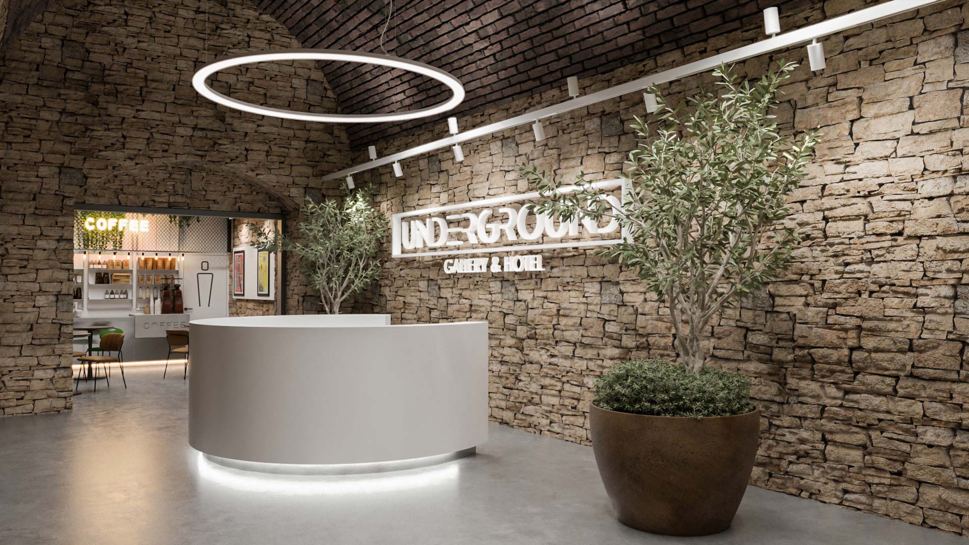 3D visualization of a reception area in an underground hotel with plants and a cafe in the background