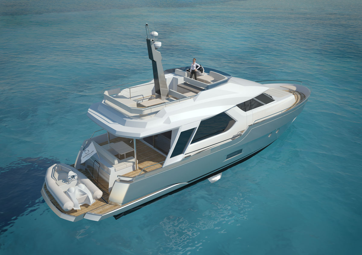 Zračni pogled na sodobno jahto, s krmilno postajo na zgornji palubi,, ki drsi po kristalno modri vodi,