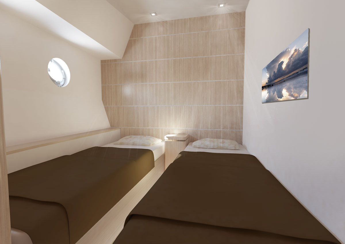 Spalnica na jahti z dvema enojnima posteljama in toplim lesenim opažem