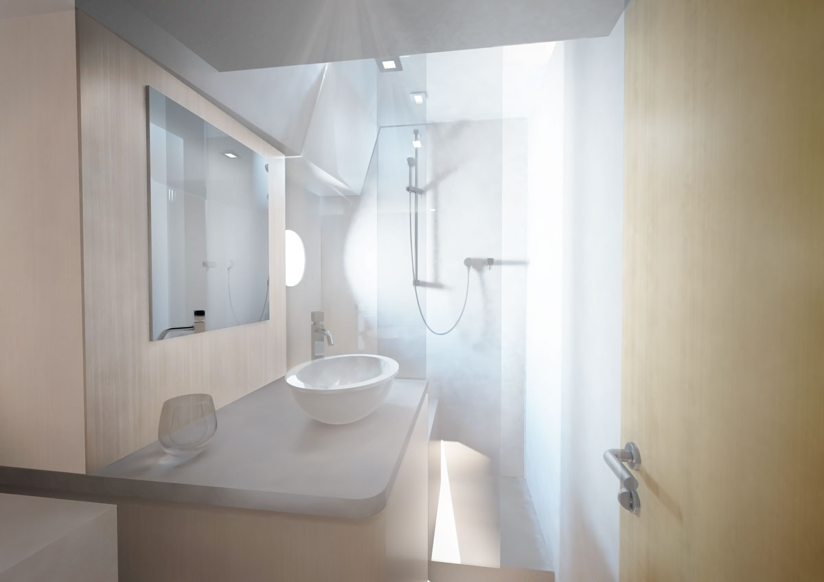 Koaplnica na jahti z minimalističnim umivalnikom, prostorno prho in velikim ogledalom