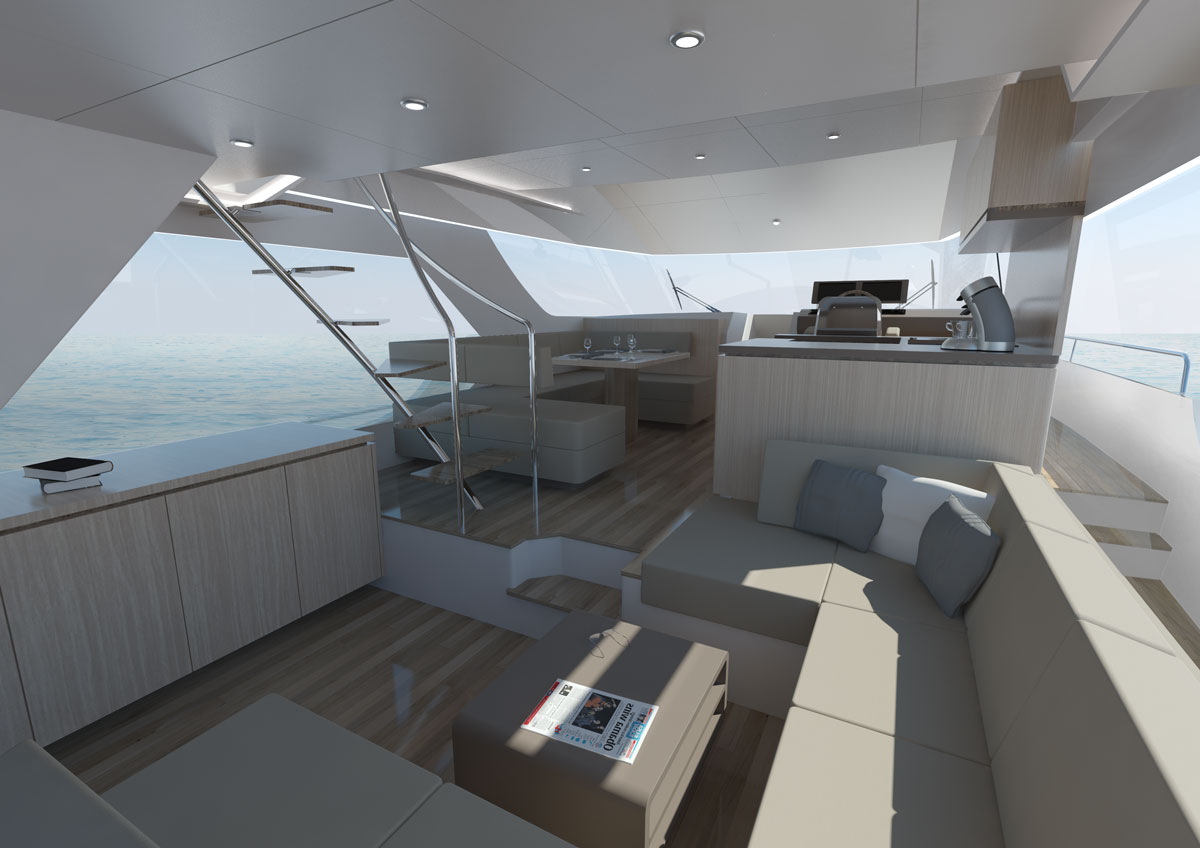 Minimalistično oblikovan salon jahte s klubsko mizico, kavčem in lesenim pohištvom