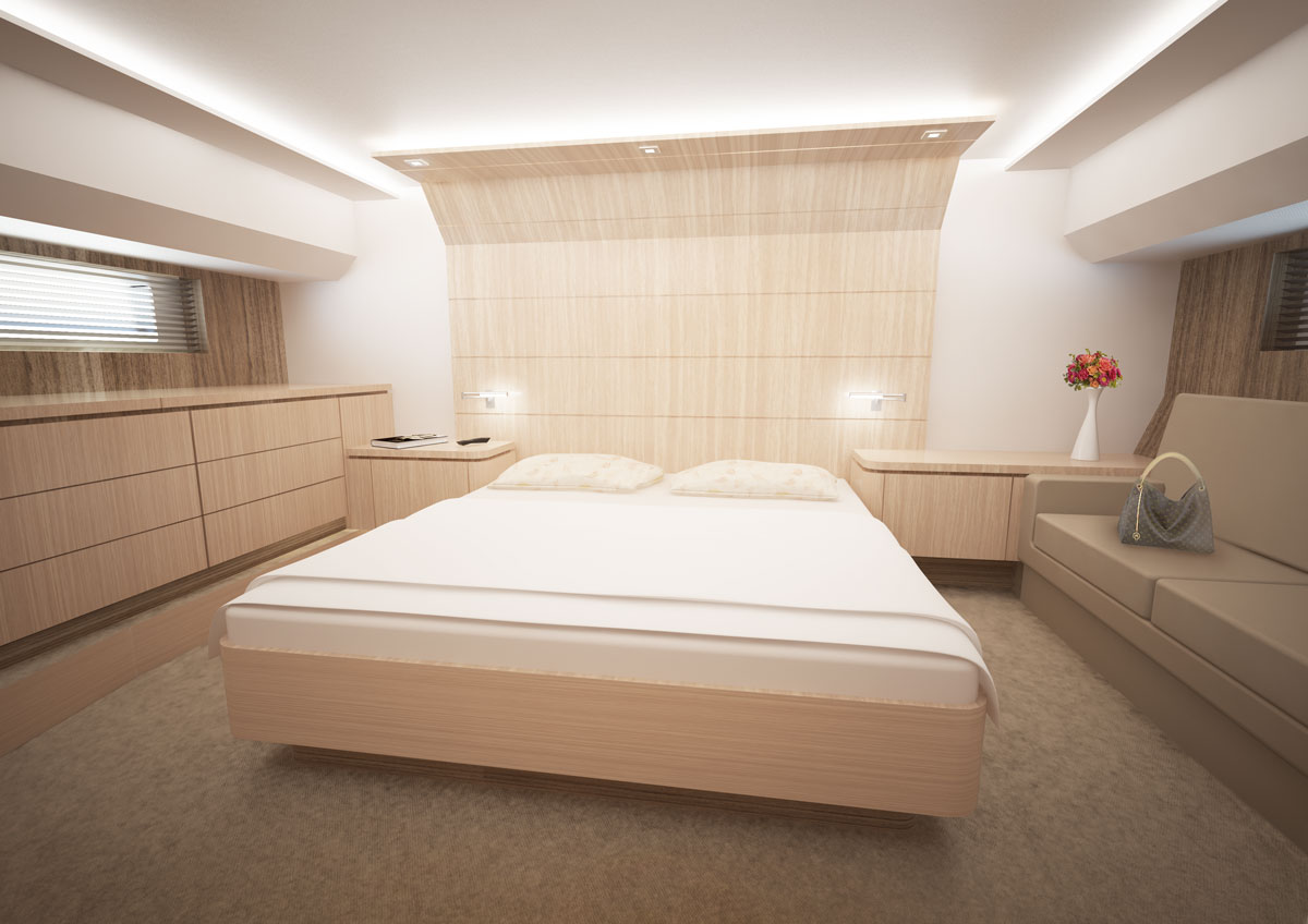 Glavna spalnica jahte, z leseno steno, vgradnimi omarami in udobno posteljo