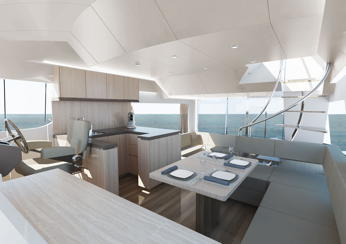 Salon luksuzne jahte z jedilno mizo, oblazinjenimi sedeži in kuhinjo z razgledom na morje