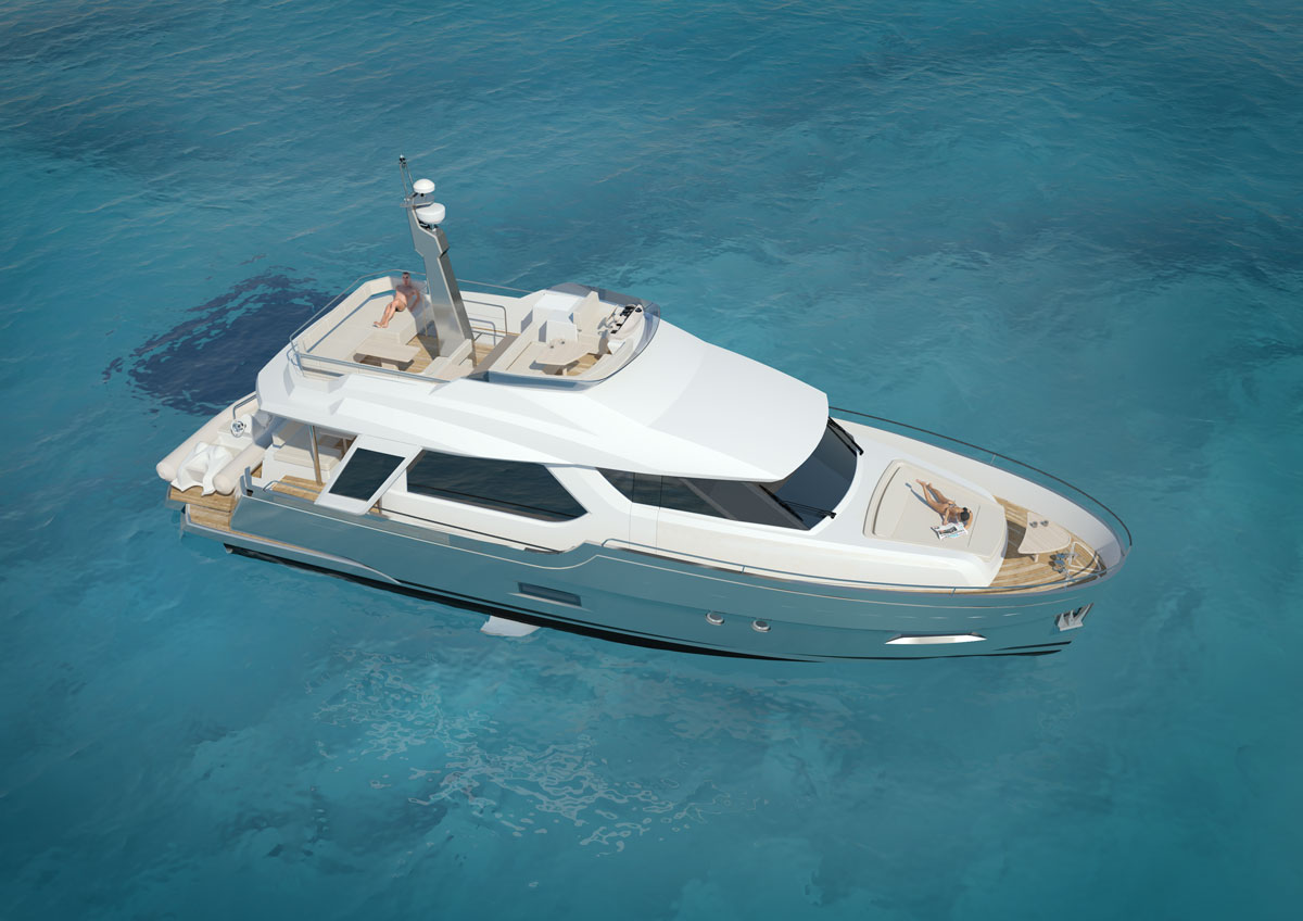 Elegantna jahta s palubo za sončenje, ki plava po kristalno čisti vodi