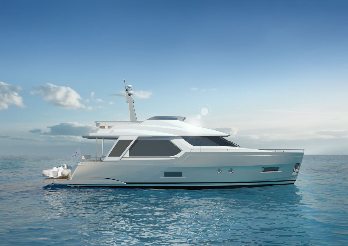 Bela jahta z moderno obliko, ki pluje po mirnih oceanskih vodah