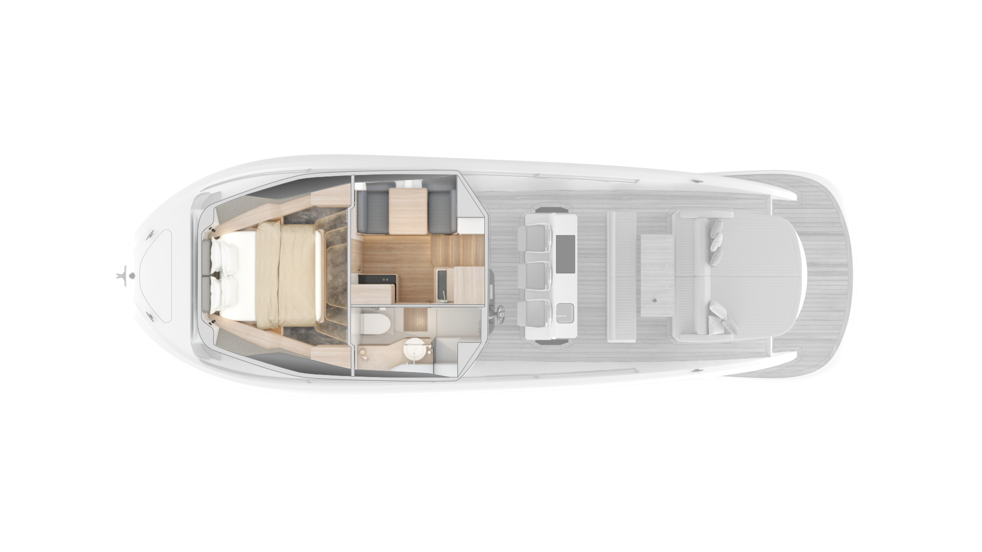 Tloris jahte Piantoni z označeno spalnico, jedilnico in kopalnico