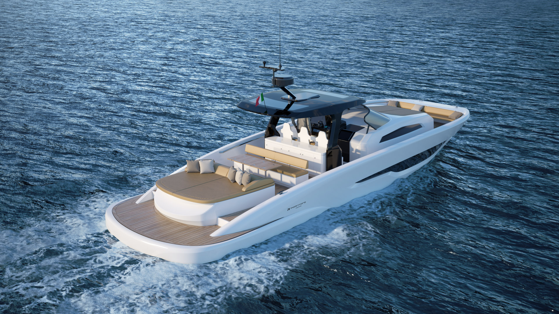 Moderna belo-lesena jahta, s sediščem, ležiščem in blazinami ter črno streho, na odprtem morju