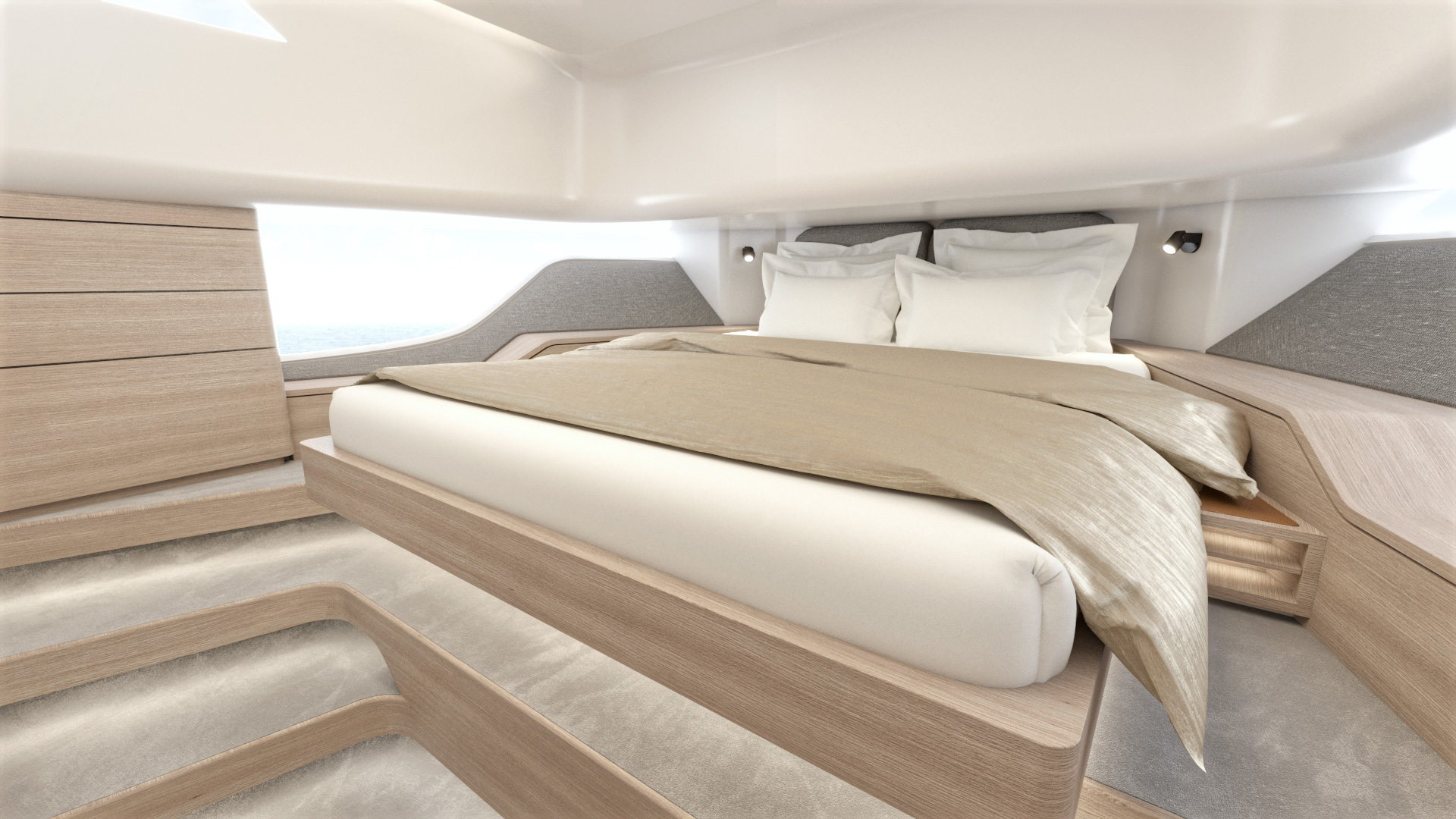 Luksuzna spalnica v Piantoni jahti z lesenim pohištvom in svetlo posteljo