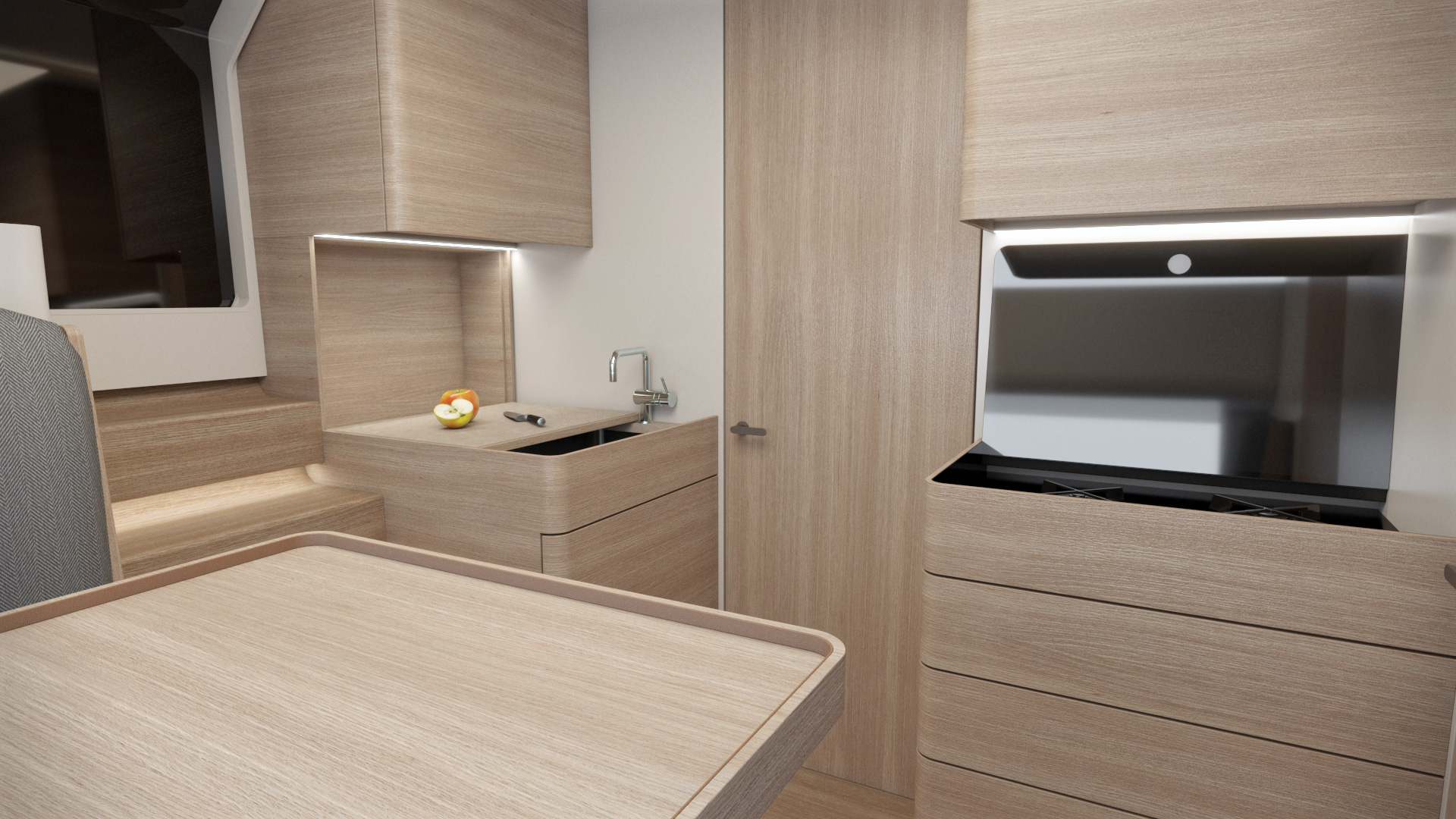 Kuhinja in jedilnica na Piantoni jahti, z lesenimi omarami, leseno mizo, umivalnikom in postajo za kuhanje