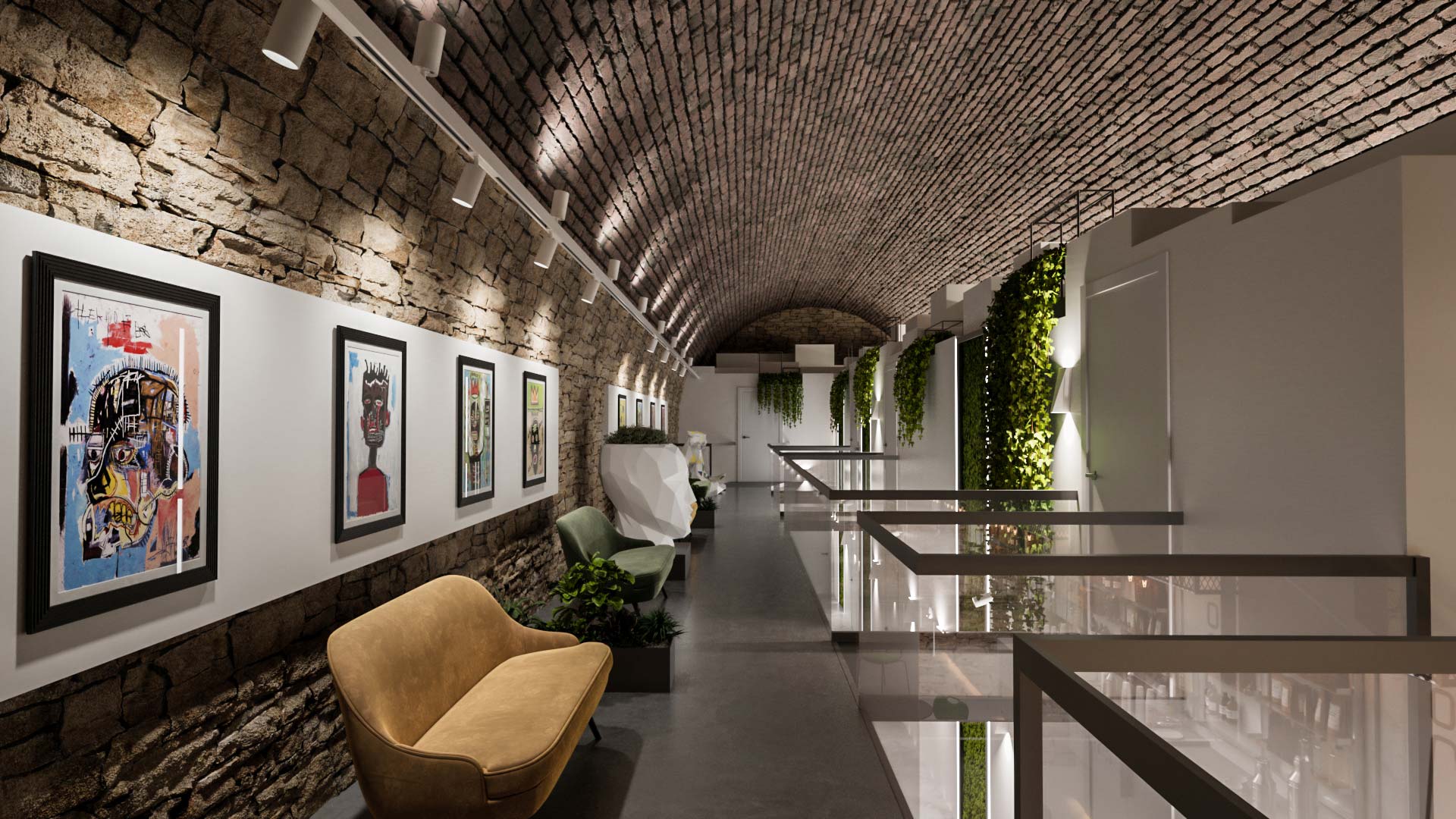 The hallway to the rooms in an underground hotel decorated with paintings, plants, and rustic furniture